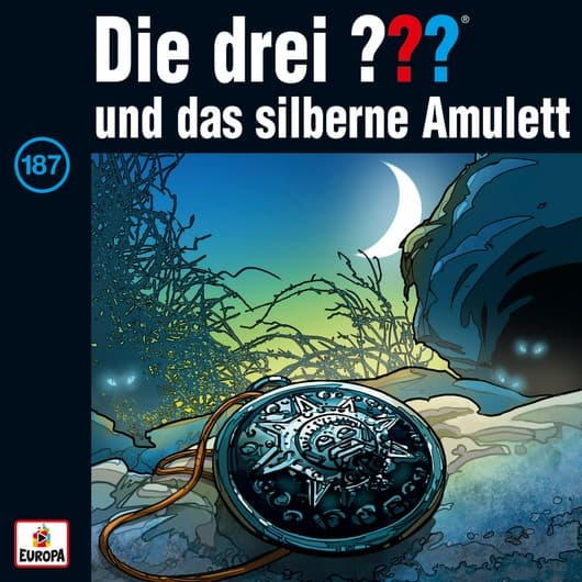 Tonie-Figur und das silberne Amulett aus der Serie Die drei ???